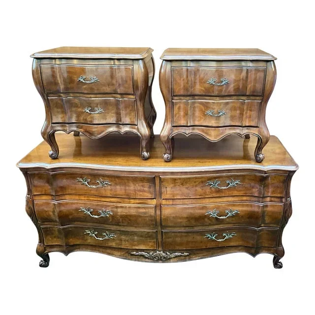 Vintage Solid Oak French Country Provencial Bedroom Set Dresser and Pair of Nightstands Burl Walnut Veneer – Set of 3