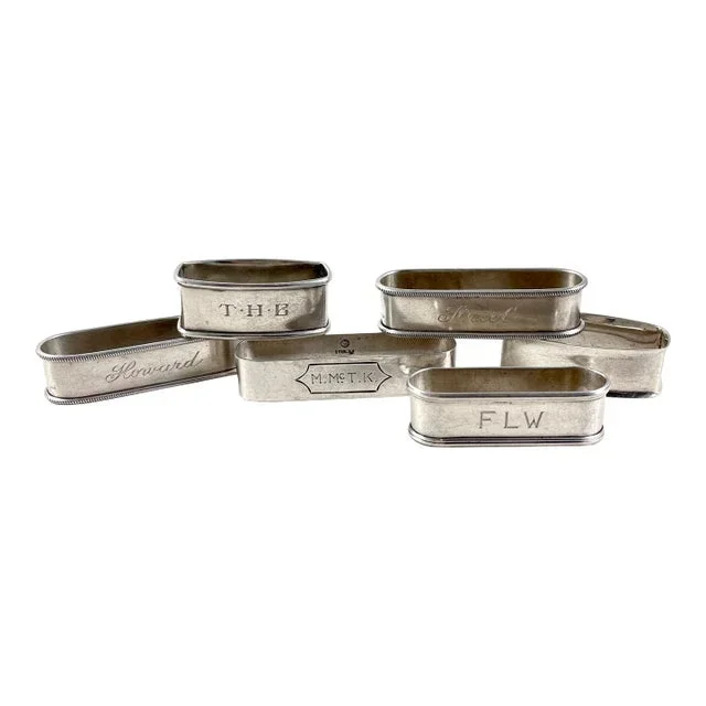 Vintage Sterling Silver Rectangular Napkin Rings, Mixed Set of Six