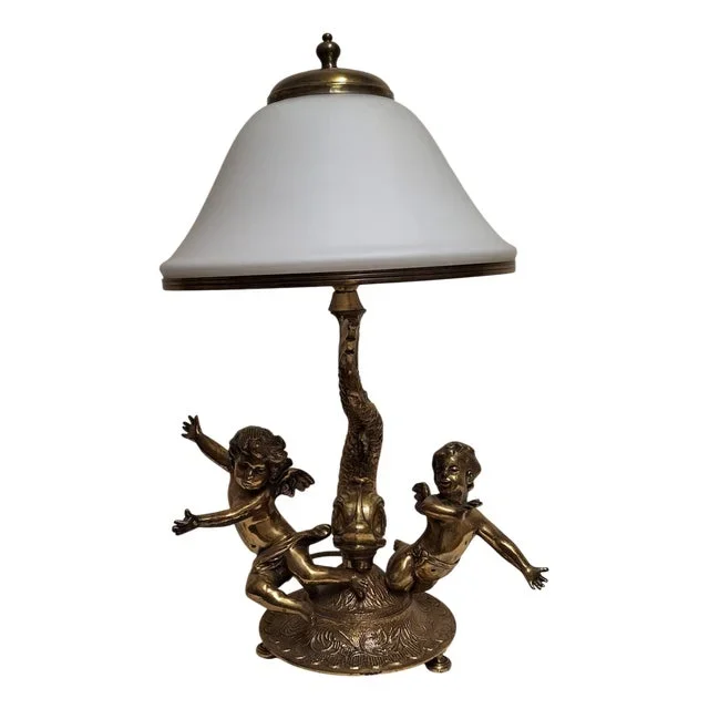 Vintage Table Lamp with Brass Base and Opaque White Glass Shade, 1990s