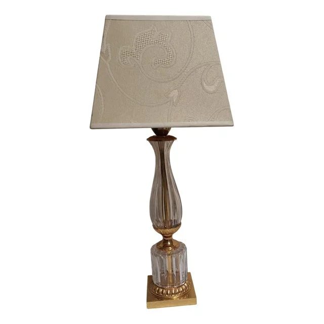 Vintage Table Lamp with Crystal Glass Base on Gold-Plated Square Base with Original Cream-White Fabric Shade, 1970s