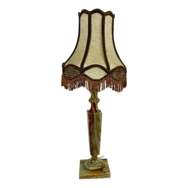 Vintage Table Lamp with Textile Shade Onyx Base Bedside Light, Belgium, 1970s