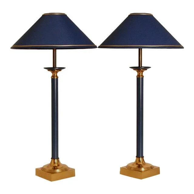 Vintage Table Lamps Gold and Blue Modern 1970s a Pair