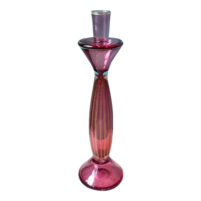 Vintage Tall Pink Murano Glass Candlestick Holder – Signed