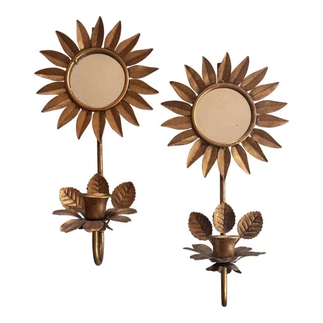 Vintage Tole Sunflower Motif Mirrored Candle Wall Sconces – A Pair