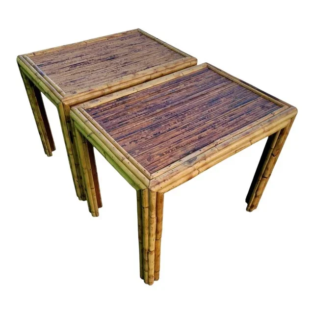 Vintage Tortoiseshell Burnt Bamboo Split Reed Rectangular Coastal Regency Side Tables- a Pair