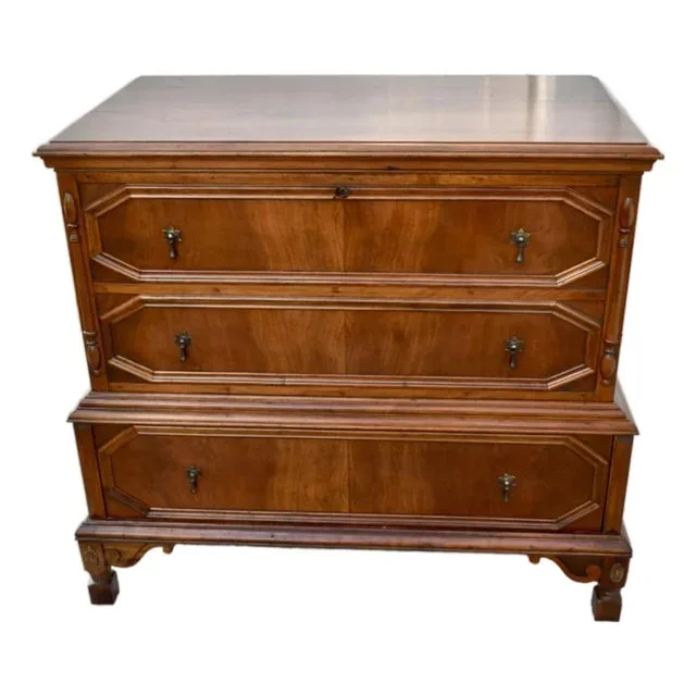Vintage Unique Tall Walnut Jacobean Style Cedar Lined Trunk W/Drawer