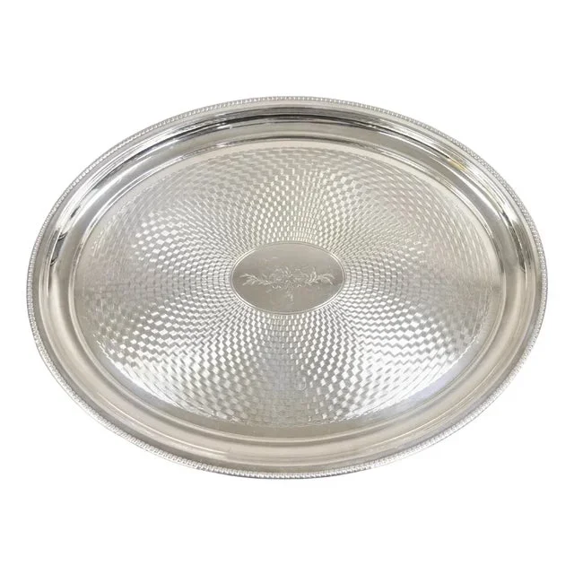 Vintage Victorian Oval Silver Plated Rose Etch Platter Tray by Best Silverplate