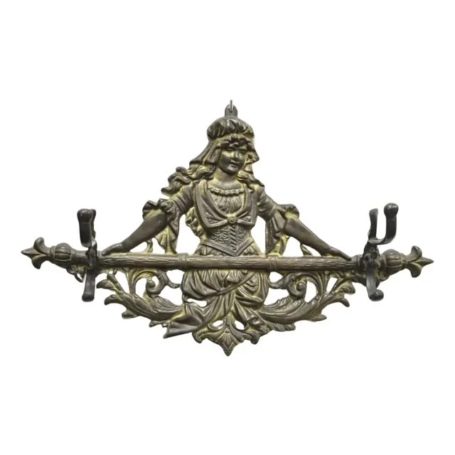 Vintage Victorian Style Cast Iron Figural Maiden Wall Coat Hat Hook