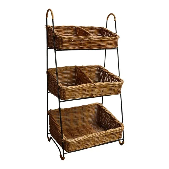 Vintage Wicker and Iron Three-Tiered Rectangular Basket Stand