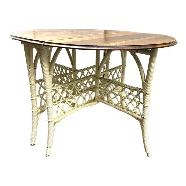 Vintage Wicker and Oak Top Gate Leg Table