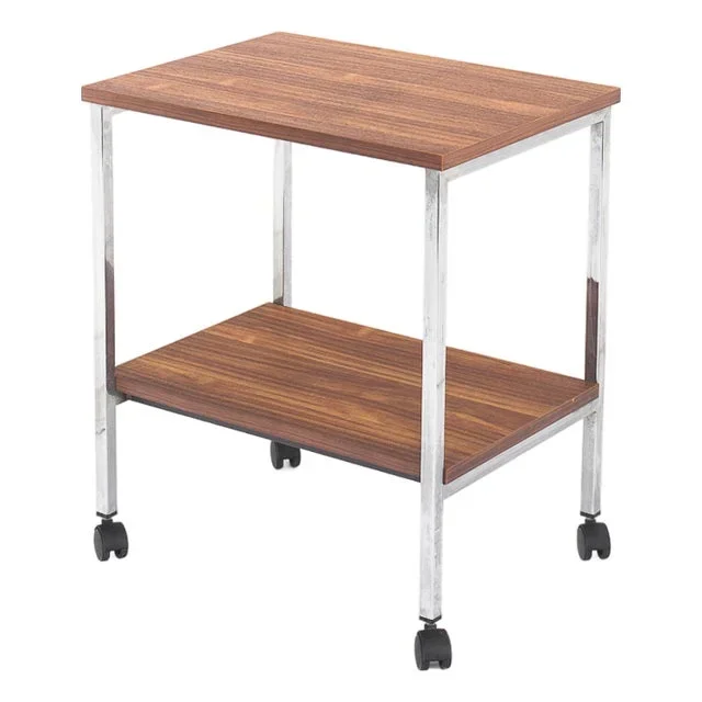 Vintage Wood and Chromed Iron Tube Side Table with Wheels, France, 1970s