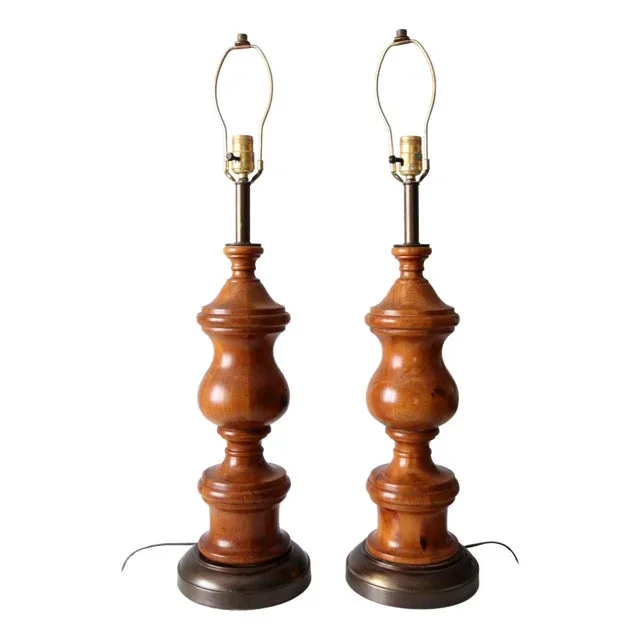 Vintage Wood Baluster Table Lamps Pair