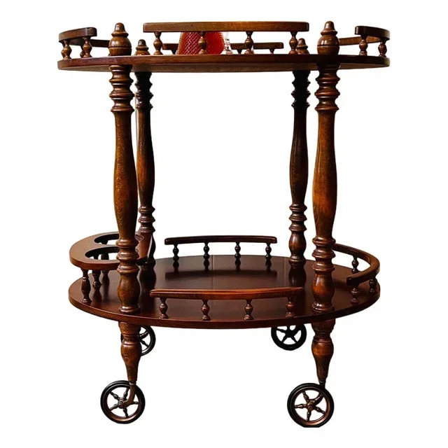 Vintage Wooden Carved Serving Trolley on Wheels, 1960s