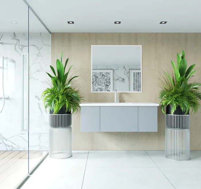 Vitri 48 – Fossil Grey Cabinet + Matte White Viva Stone Solid Surface Countertop