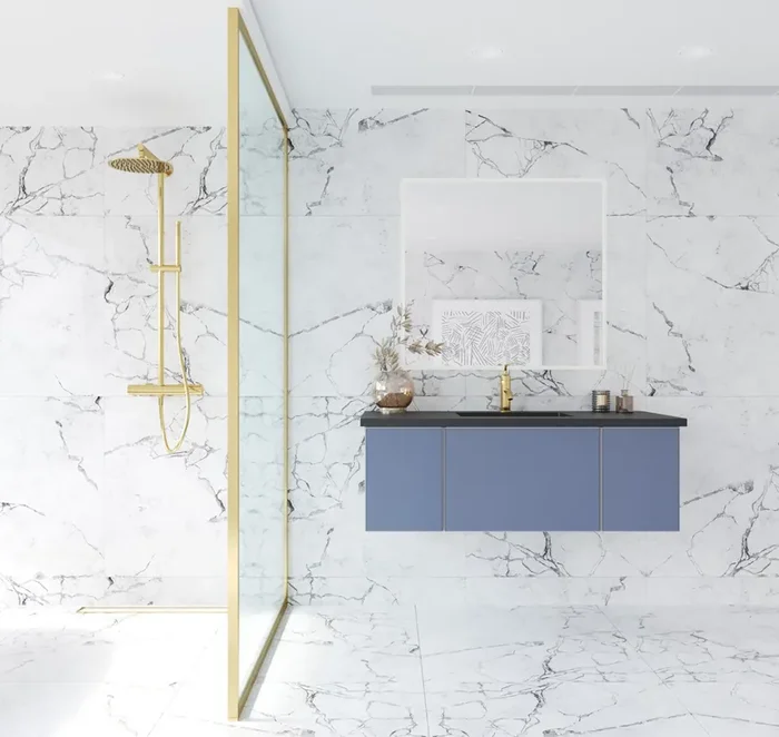 Vitri 48 – Nautical Blue Cabinet + Matte Black Viva Stone Solid Surface Countertop