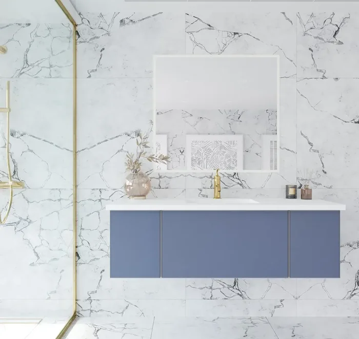 Vitri 54 – Nautical Blue Cabinet + Matte White Viva Stone Solid Surface Countertop