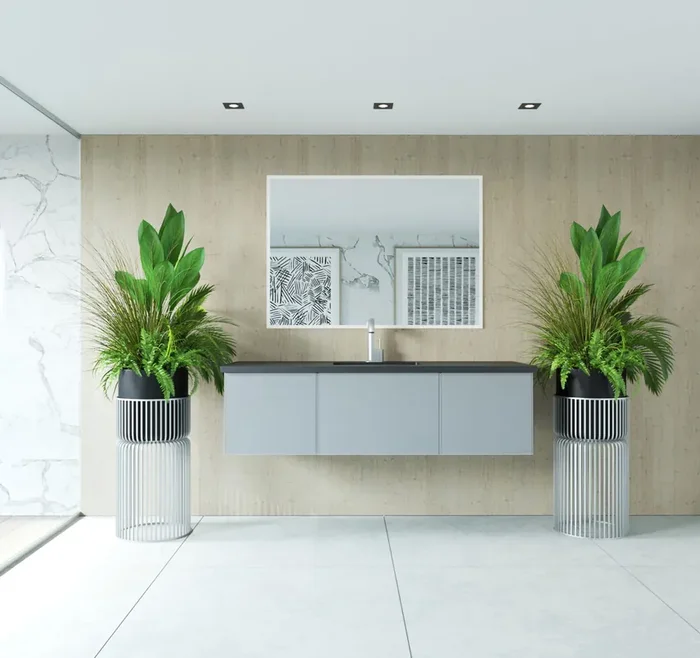 Vitri 60 – Fossil Grey Single Sink Cabinet + Matte Black Viva Stone Solid Surface Center Sink Countertop