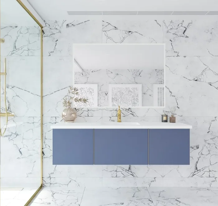 Vitri 60 – Nautical Blue Single Sink Cabinet + Matte White Viva Stone Solid Surface Center Sink Countertop