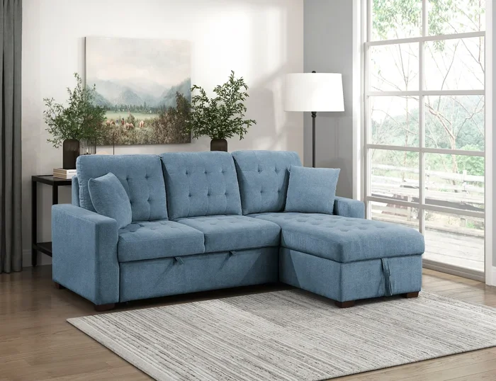 Waitsfield Blue 2-Piece Sectional with Right Chaise, Pull-out Bed and Hidden Storage