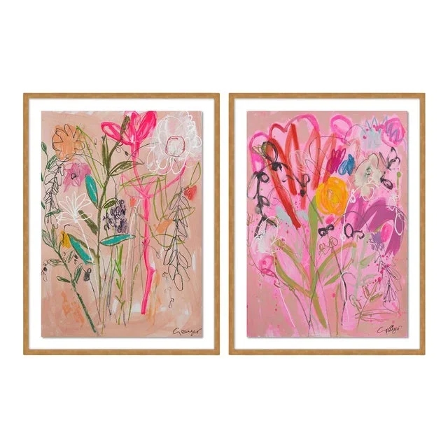 Wildflower Bouquet Diptych by Lesley Grainger in Gold Frame, Medium Art Print