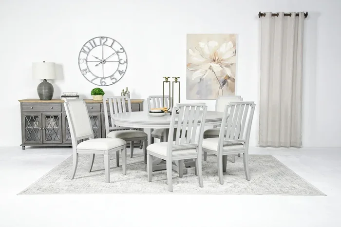 Willowbrook Dining Round Table, 4 Chairs & 2 Arm Chairs in Pebble