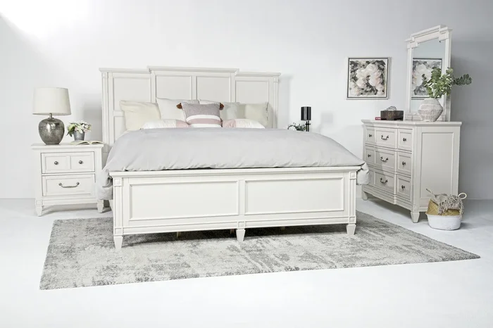 Willowbrook Panel Bed, Dresser & Mirror in Egg Shell White, Eastern King