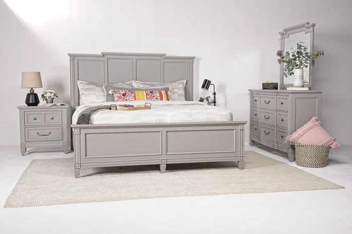 Willowbrook Panel Bed, Dresser & Mirror in Pebble, Eastern King