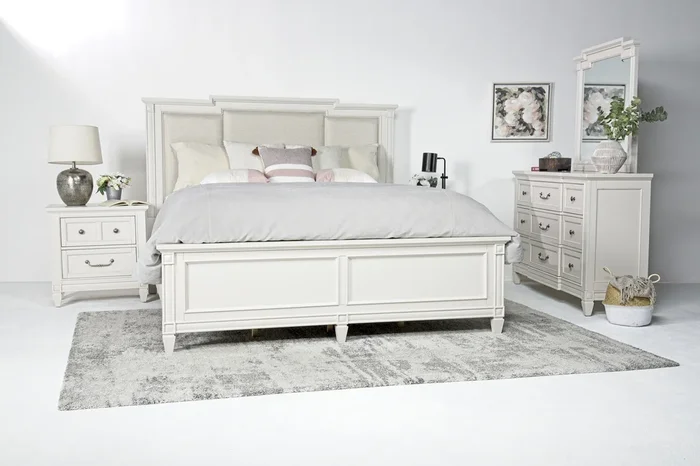 Willowbrook Upholstered Bed, Dresser & Mirror in Egg Shell White, CA King
