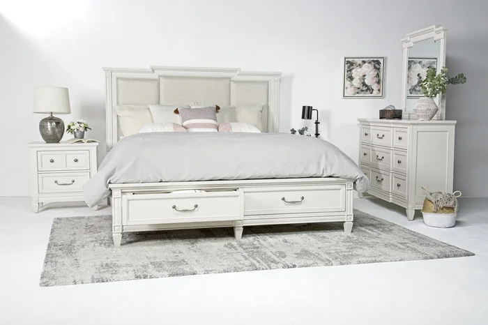 Willowbrook Upholstered Bed w/ Storage, Dresser & Mirror in Egg Shell White, Queen