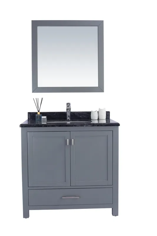 Wilson 36 – Grey Cabinet + Black Wood Marble Countertop