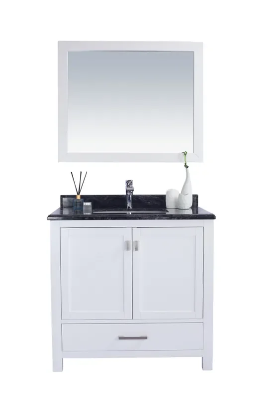 Wilson 36 – White Cabinet + Black Wood Marble Countertop