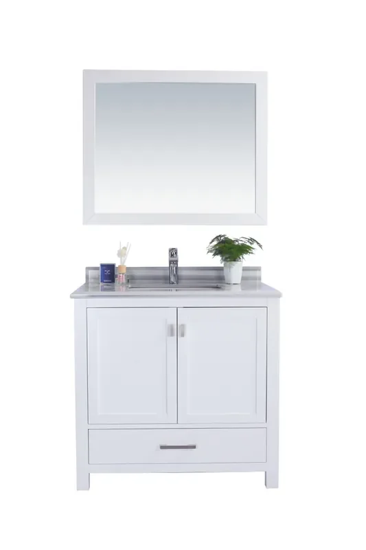 Wilson 36 – White Cabinet + White Stripes Marble Countertop