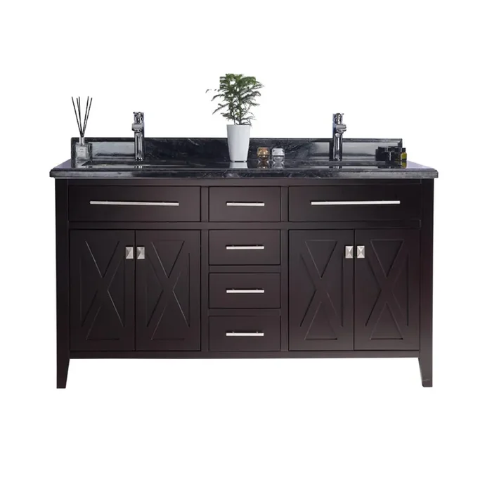 Wimbledon – 60 – Brown Cabinet + Black Wood Marble Countertop