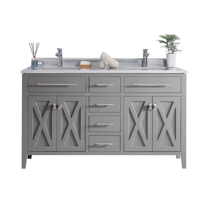 Wimbledon – 60 – Grey Cabinet + White Stripes Marble Countertop