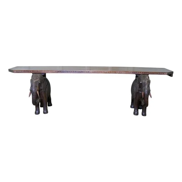 Window Seat or Hall Bench with Carved Elephants, 1900s
