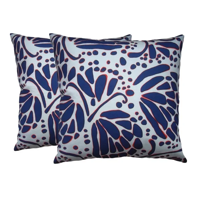 Wings Butterfly Pillows – Navy & Red, Hand-Printed Performance Fabric- Set of 2