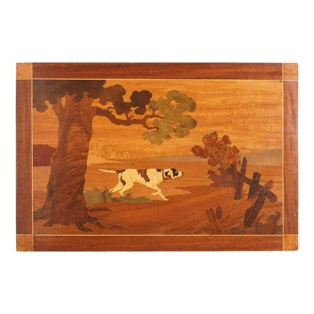 Wood Marquetry Panel of a Landscape With Hunting Dog, C. 1935