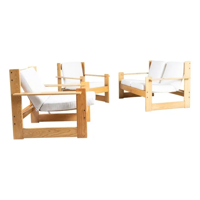 Wooden Sofa and Armchairs, 1960, Set of 3