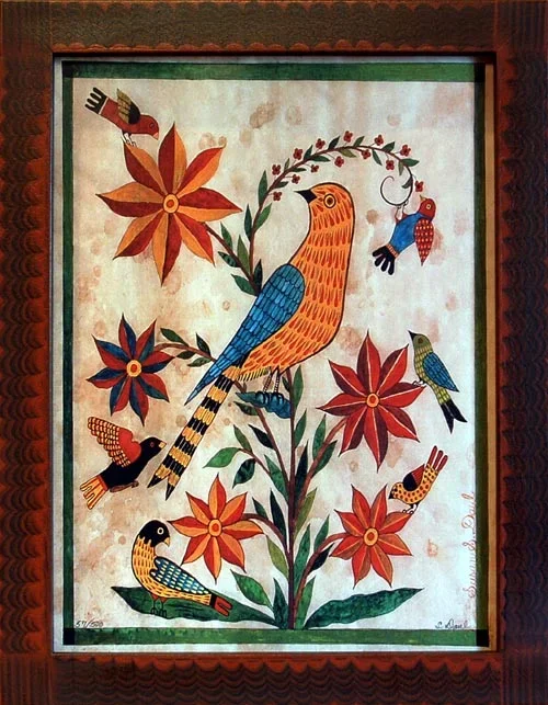Yellow and Blue Bird Fraktur