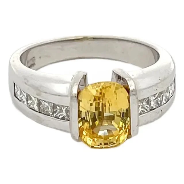 Yellow Sapphire & Diamond 14k White Gold Ring Size 6.25