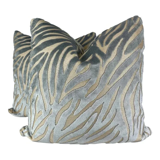 Zebra Cut Velvet in Silver/Blue 22″ Pillows-A Pair
