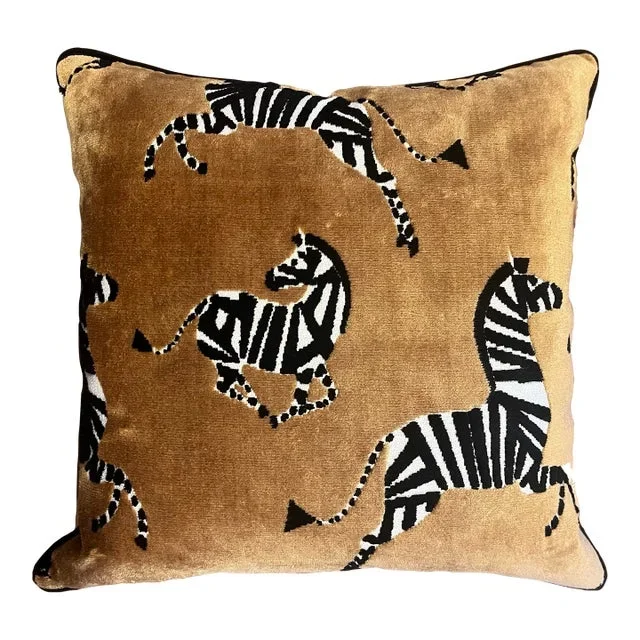 Zebra Themed Dark Gold and Black Velvet Pillow