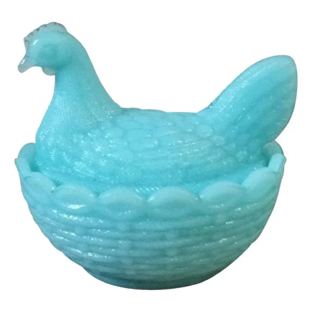 Zoomorphic Sugar Bowl in the Shape of Hen in Blue Opaline from Portieux Crystalworks