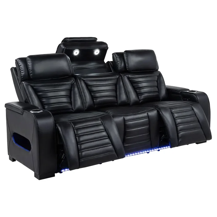 Zuma Black Faux Leather Dual Power Reclining LED Sofa